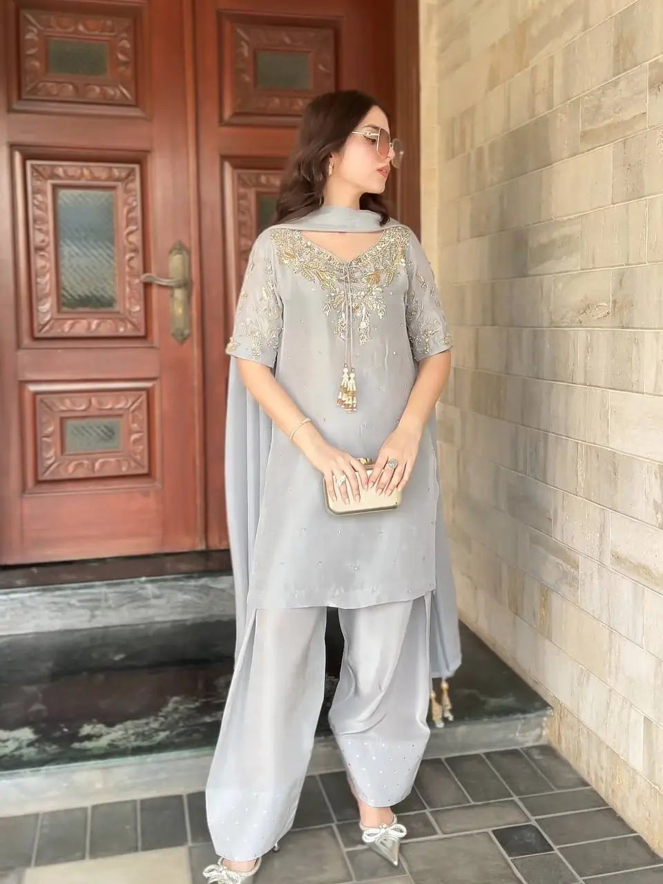 Silver Grey Pure Natural Crepe Farshi Palazzo Set with Hand Embroidery & Tassel Detailing