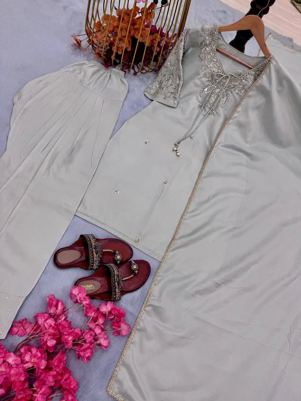 Silver Grey Pure Natural Crepe Farshi Palazzo Set with Hand Embroidery & Tassel Detailing