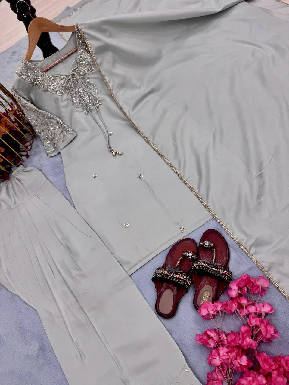 Silver Grey Pure Natural Crepe Farshi Palazzo Set with Hand Embroidery & Tassel Detailing