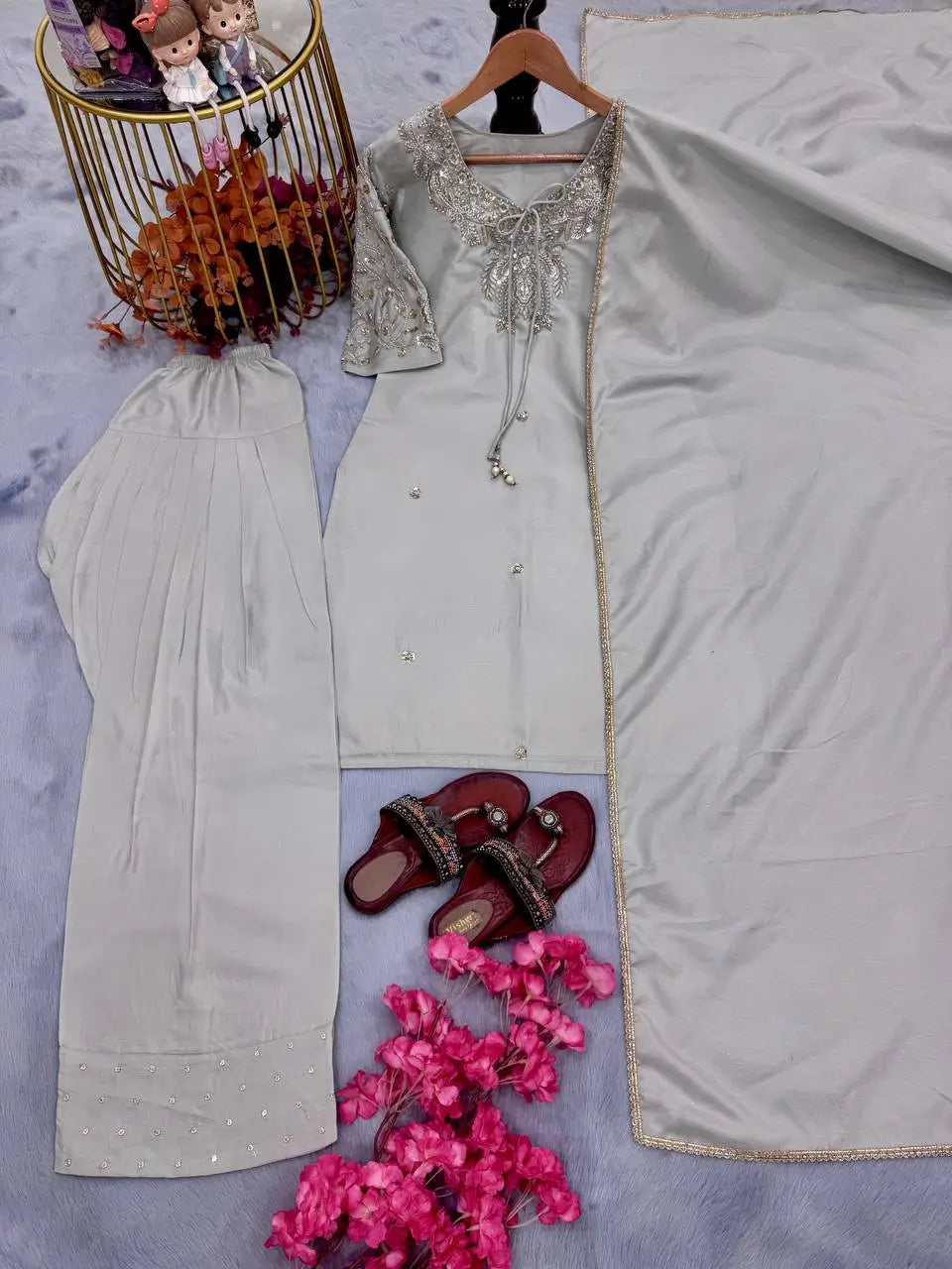 Silver Grey Pure Natural Crepe Farshi Palazzo Set with Hand Embroidery & Tassel Detailing