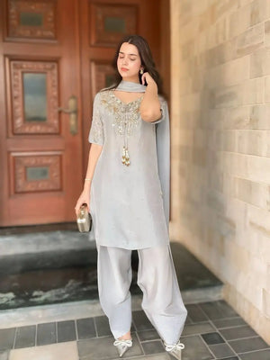 Silver Grey Pure Natural Crepe Farshi Palazzo Set with Hand Embroidery & Tassel Detailing
