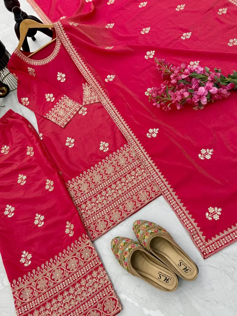 Simar Silk Embroidered Palazzo Set with Dupatta – Fully Stitched