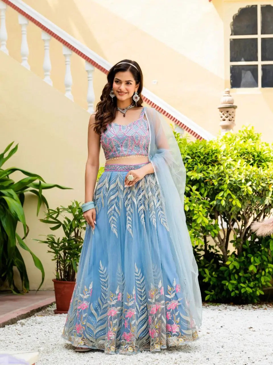 Sky Blossom Net Embroidered Zari Sequin Lehenga Set
