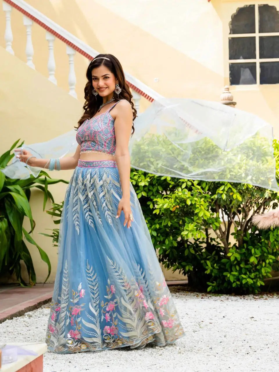 Sky Blossom Net Embroidered Zari Sequin Lehenga Set