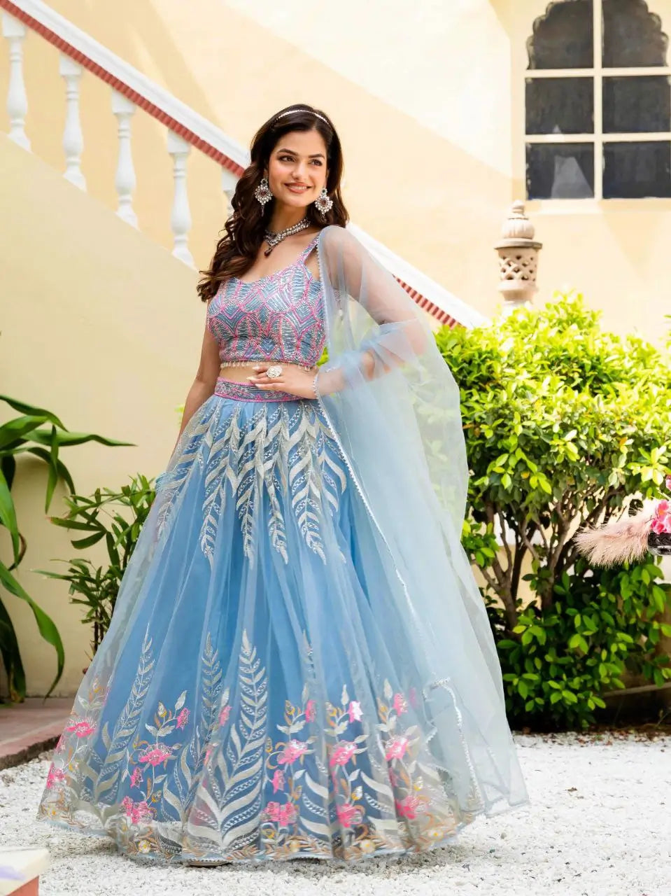 Sky Blossom Net Embroidered Zari Sequin Lehenga Set