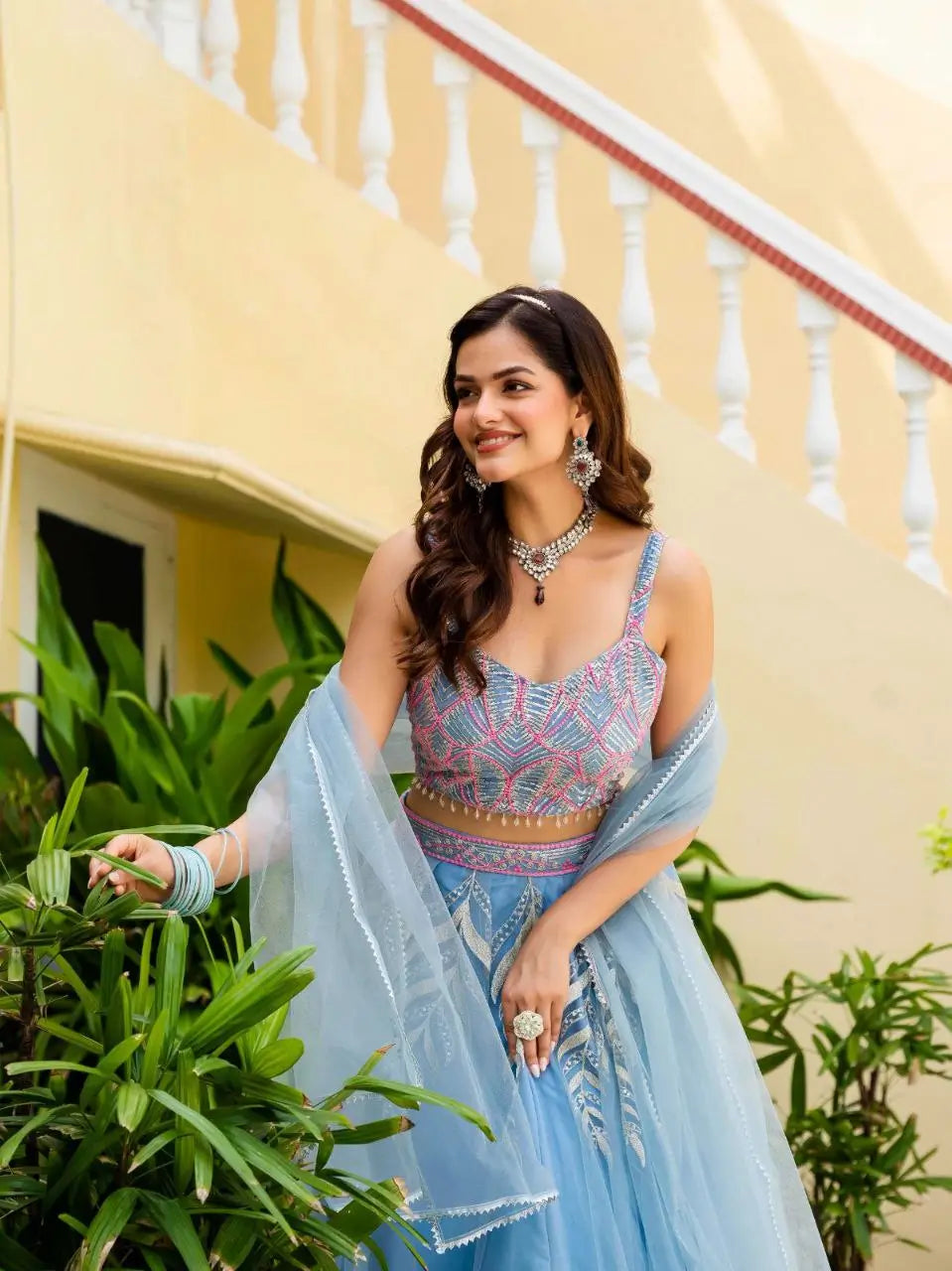 Sky Blossom Net Embroidered Zari Sequin Lehenga Set