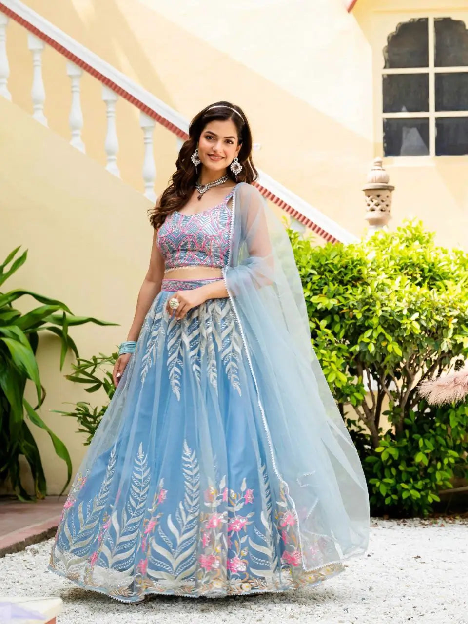 Sky Blossom Net Embroidered Zari Sequin Lehenga Set