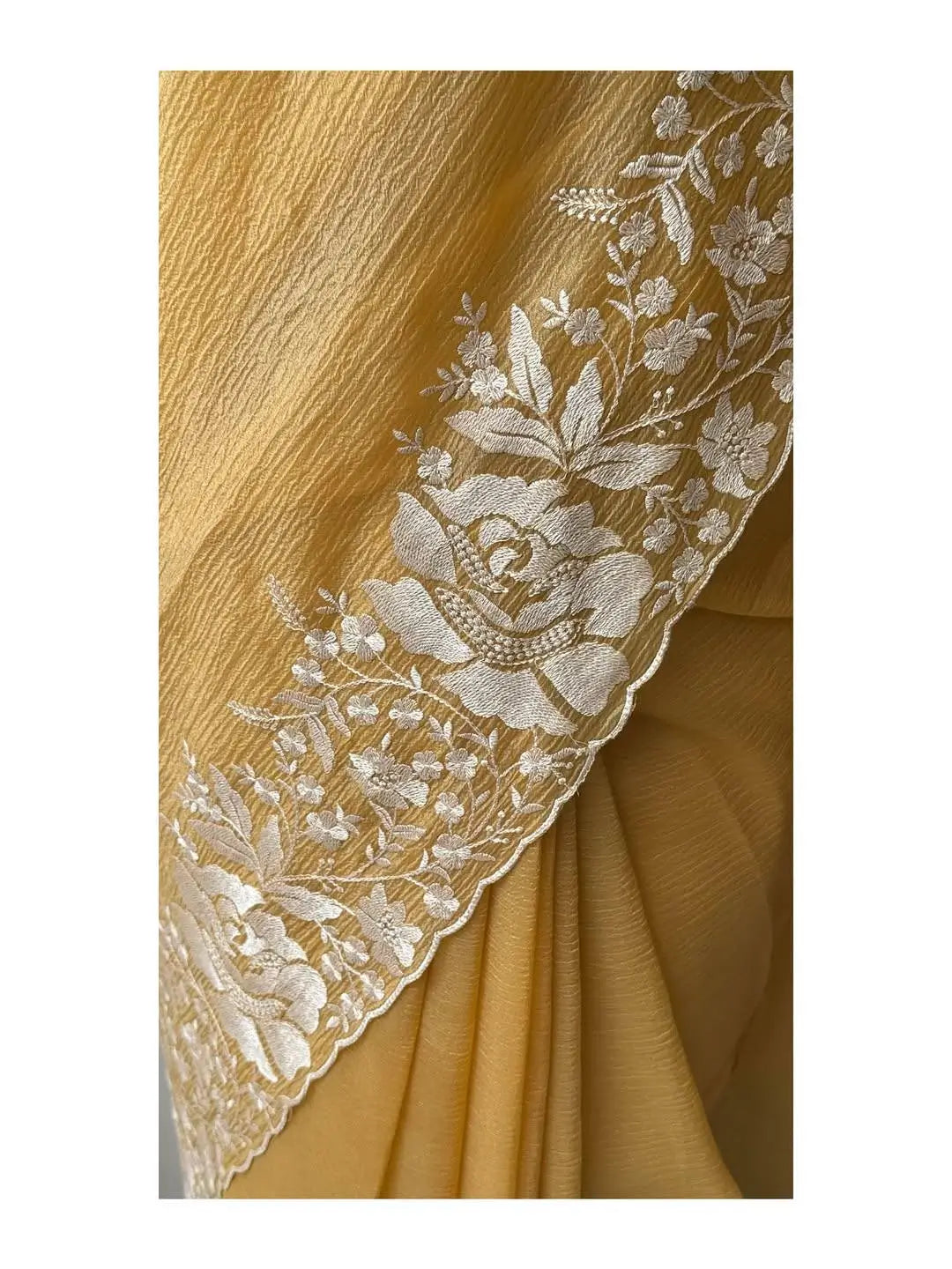 Sky Blue Pure Candy Crush Saree with White Floral Thread Embroidered Cutwork Border | Festive & Party Wear