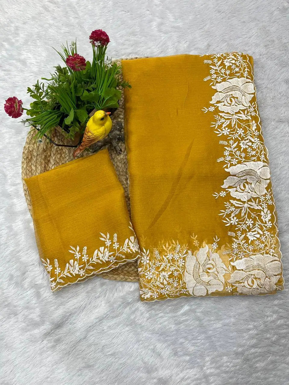 Sky Blue Pure Candy Crush Saree with White Floral Thread Embroidered Cutwork Border | Festive & Party Wear