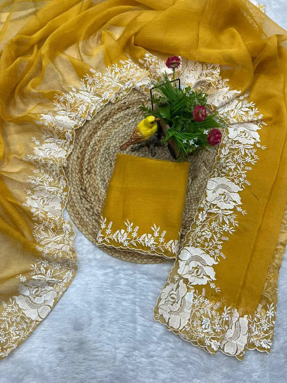 Sky Blue Pure Candy Crush Saree with White Floral Thread Embroidered Cutwork Border | Festive & Party Wear