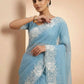 Sky Blue Pure Candy Crush Saree with White Floral Thread Embroidered Cutwork Border | Festive & Party Wear