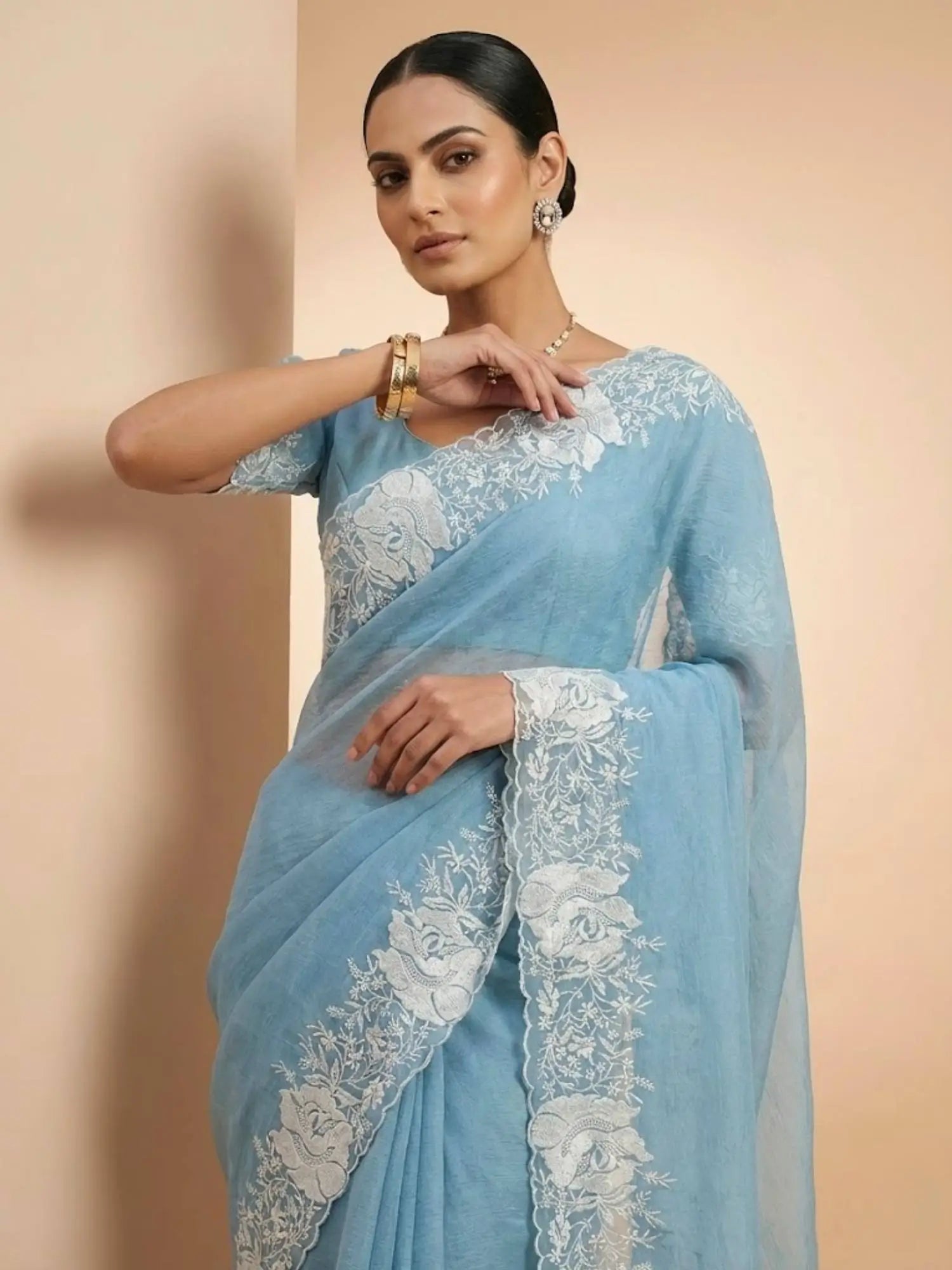 Sky Blue Pure Candy Crush Saree with White Floral Thread Embroidered Cutwork Border | Festive & Party Wear