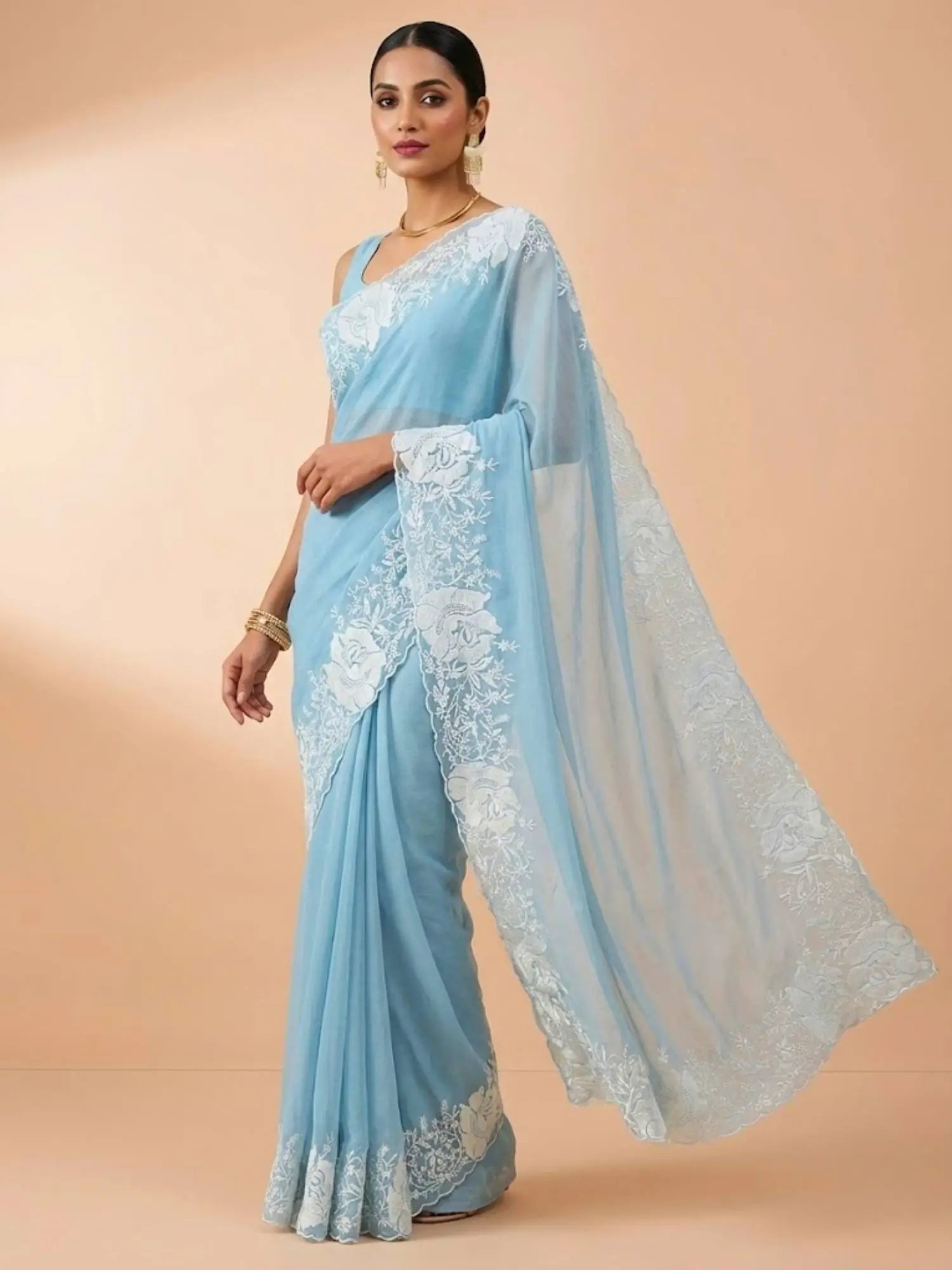 Sky Blue Pure Candy Crush Saree with White Floral Thread Embroidered Cutwork Border | Festive & Party Wear