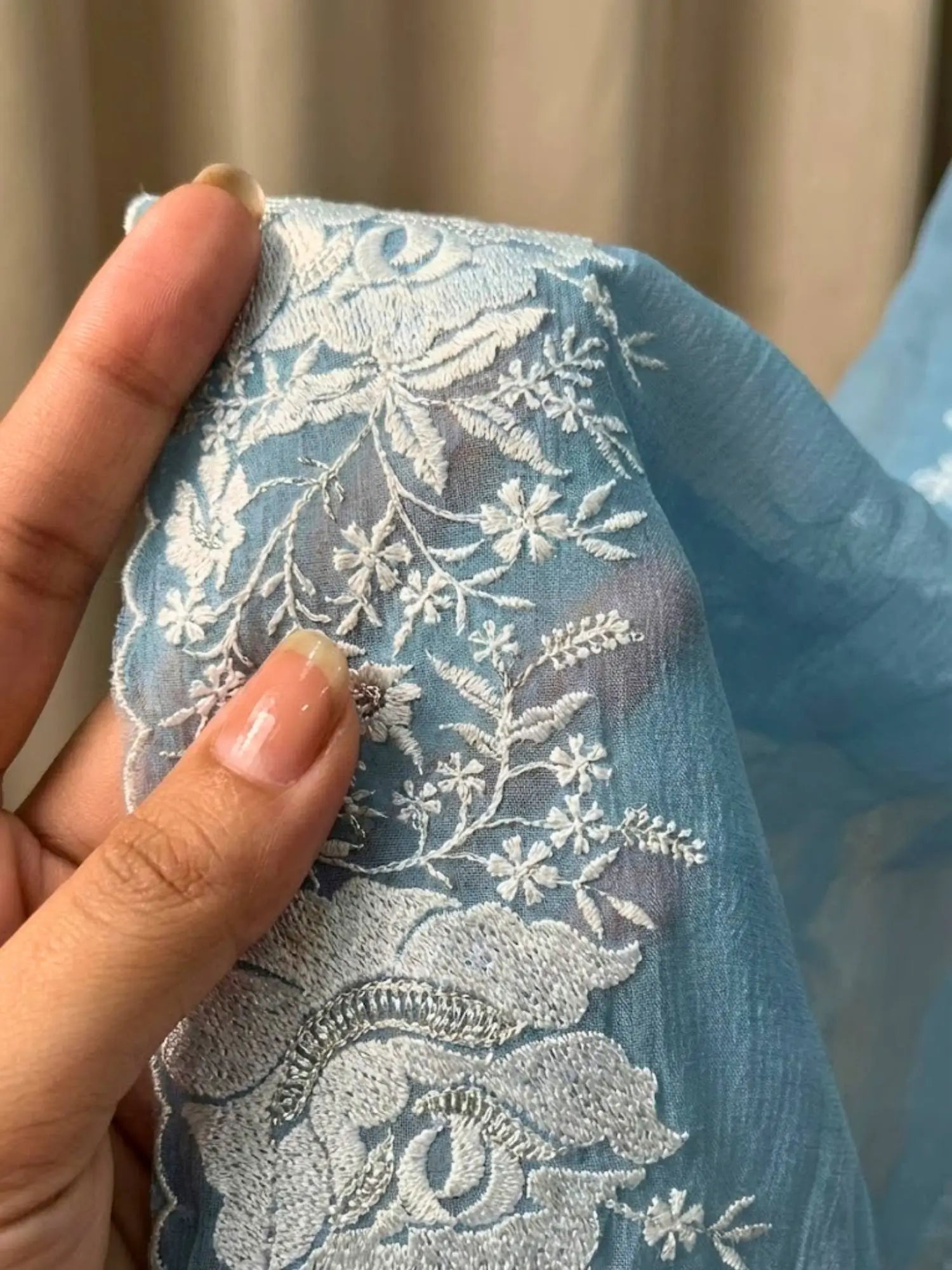 Sky Blue Pure Candy Crush Saree with White Floral Thread Embroidered Cutwork Border | Festive & Party Wear