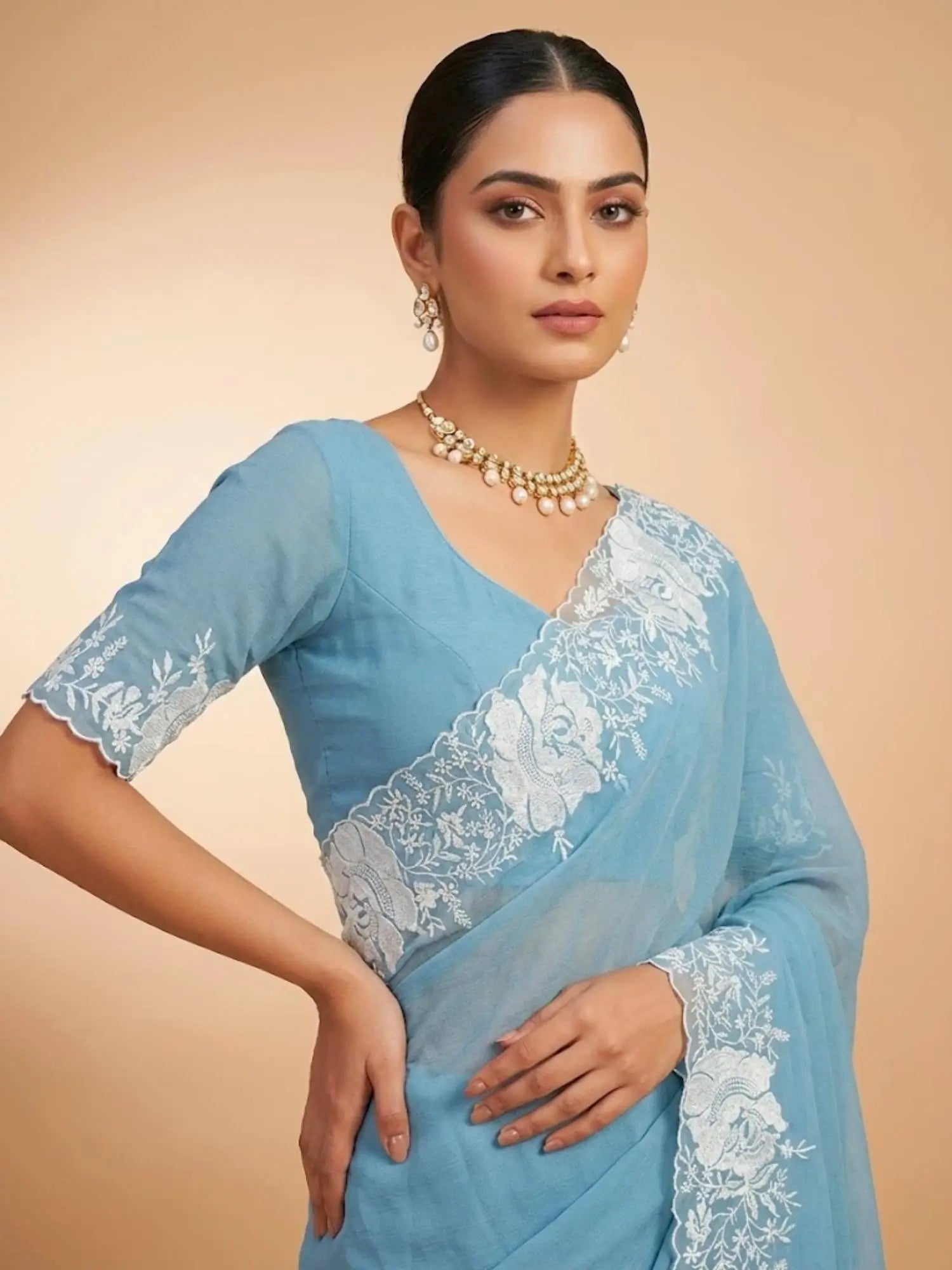 Sky Blue Pure Candy Crush Saree with White Floral Thread Embroidered Cutwork Border | Festive & Party Wear
