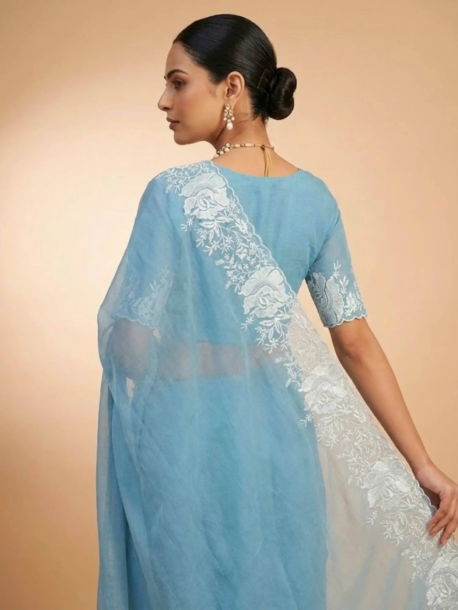 Sky Blue Pure Candy Crush Saree with White Floral Thread Embroidered Cutwork Border | Festive & Party Wear