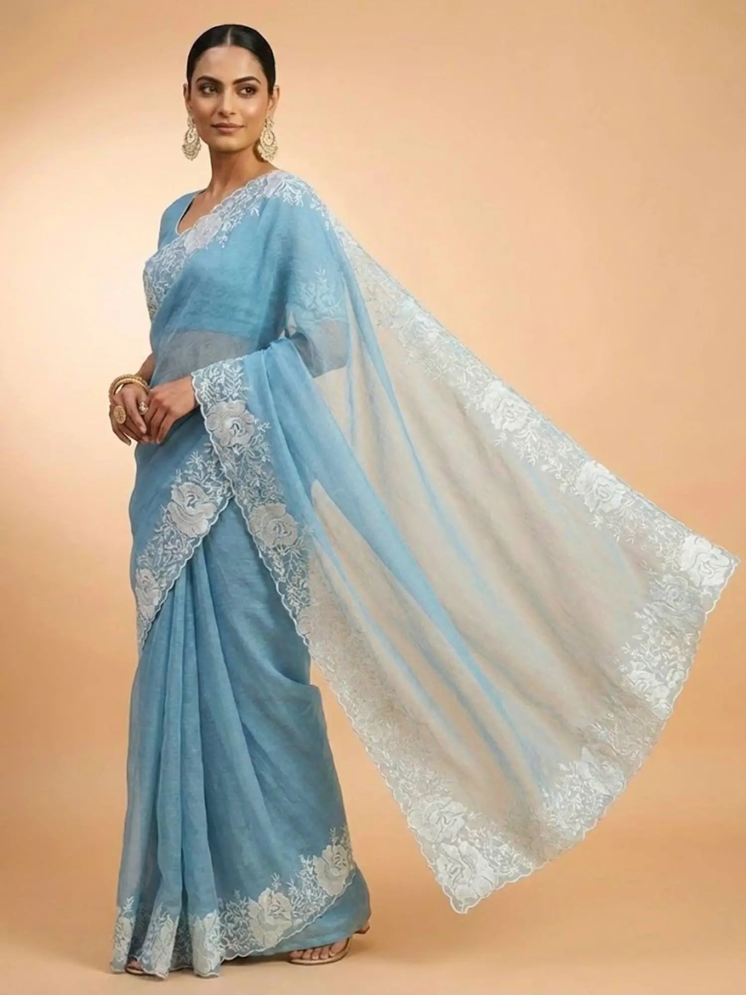 Sky Blue Pure Candy Crush Saree with White Floral Thread Embroidered Cutwork Border | Festive & Party Wear