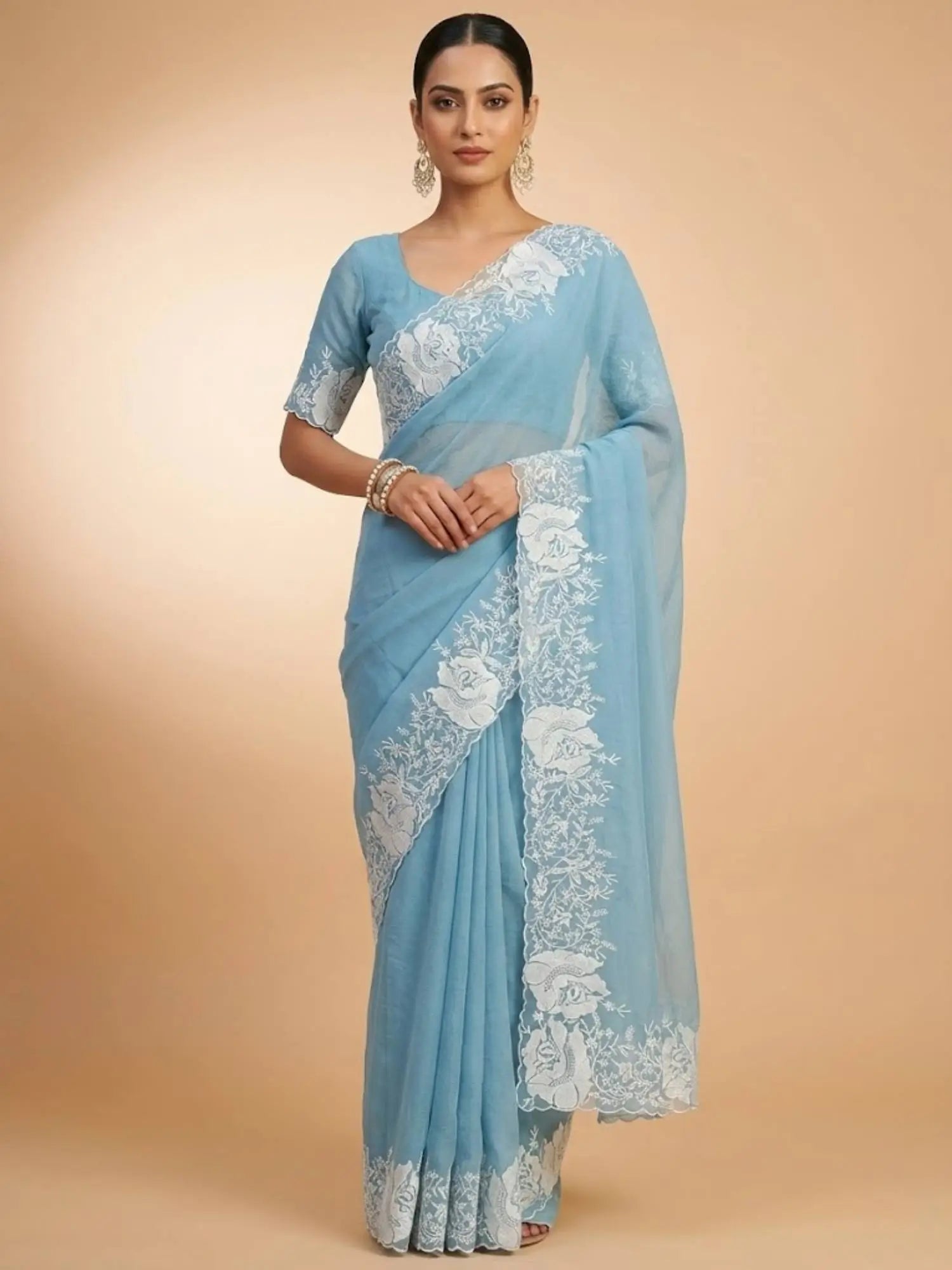 Sky Blue Pure Candy Crush Saree with White Floral Thread Embroidered Cutwork Border | Festive & Party Wear