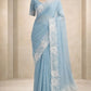 Sky Blue Pure Candy Crush Saree with White Floral Thread Embroidered Cutwork Border | Festive & Party Wear