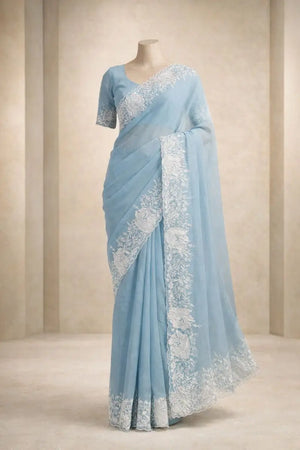 Sky Blue Pure Candy Crush Saree with White Floral Thread Embroidered Cutwork Border | Festive & Party Wear