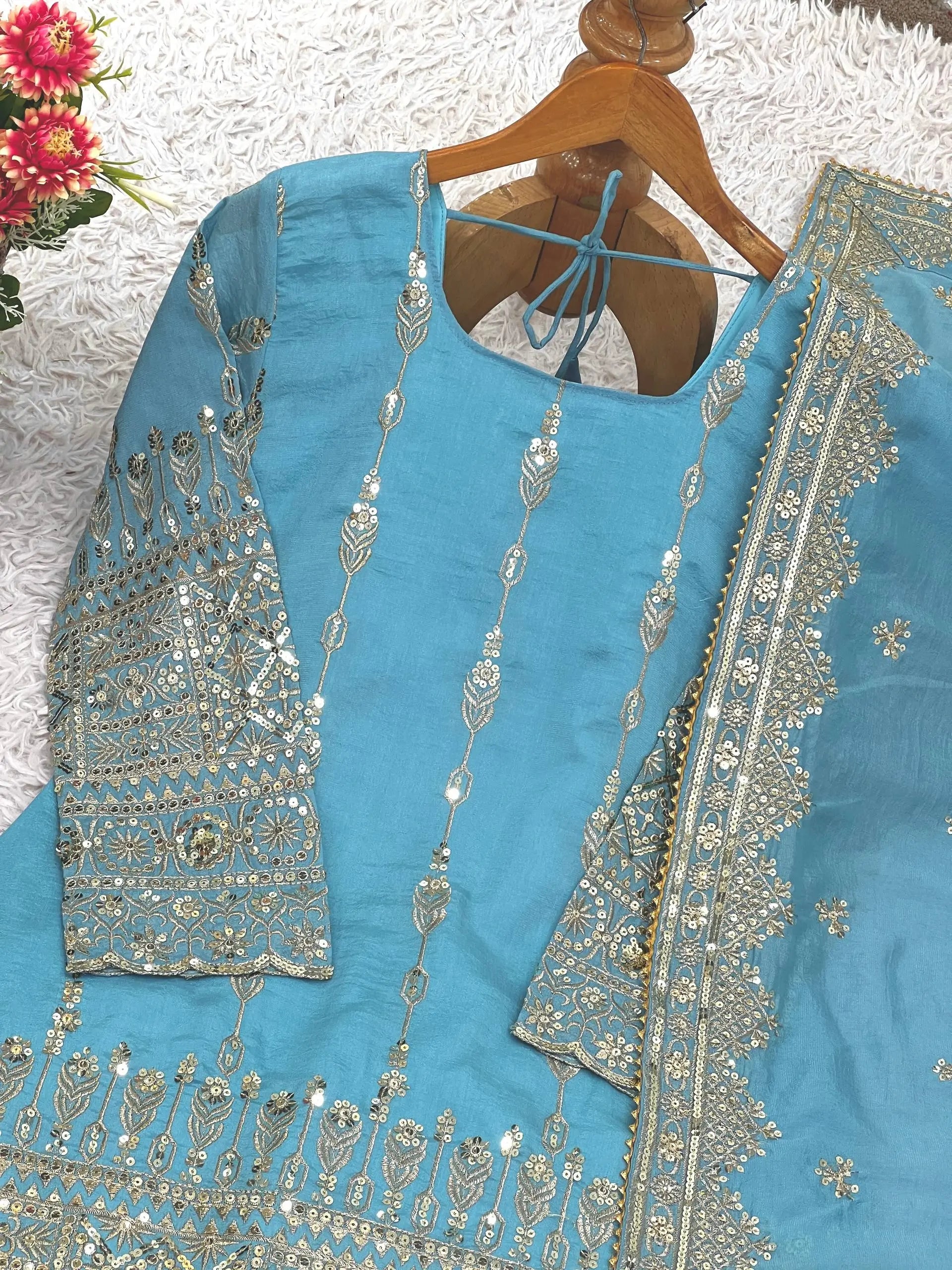 Sky Blue Pure Vichitra Silk Sharara Set with Heavy Embroidery Sequence Work and Dupatta