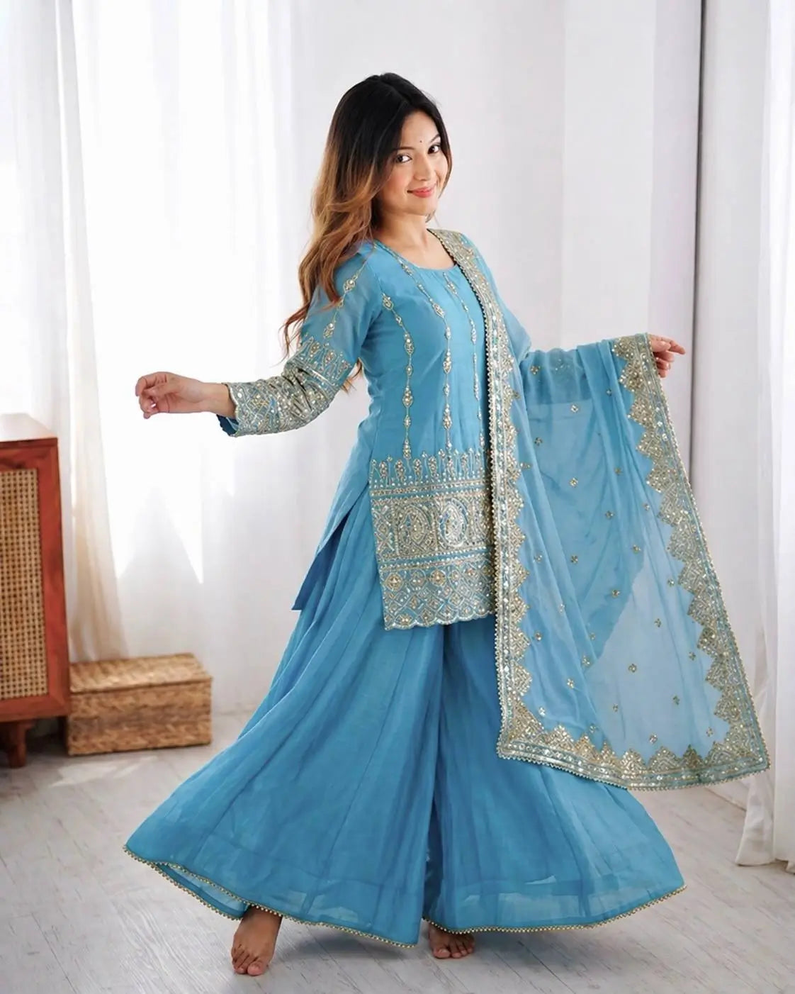 Sky Blue Pure Vichitra Silk Sharara Set with Heavy Embroidery Sequence Work and Dupatta