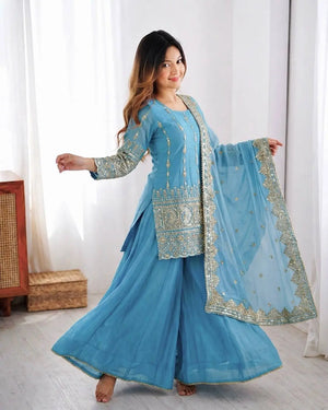 Sky Blue Pure Vichitra Silk Sharara Set with Heavy Embroidery Sequence Work and Dupatta