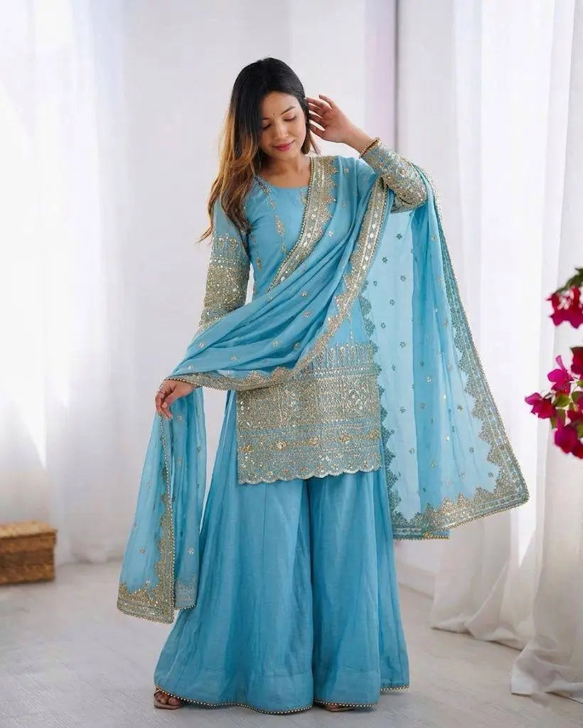 Sky Blue Pure Vichitra Silk Sharara Set with Heavy Embroidery Sequence Work and Dupatta