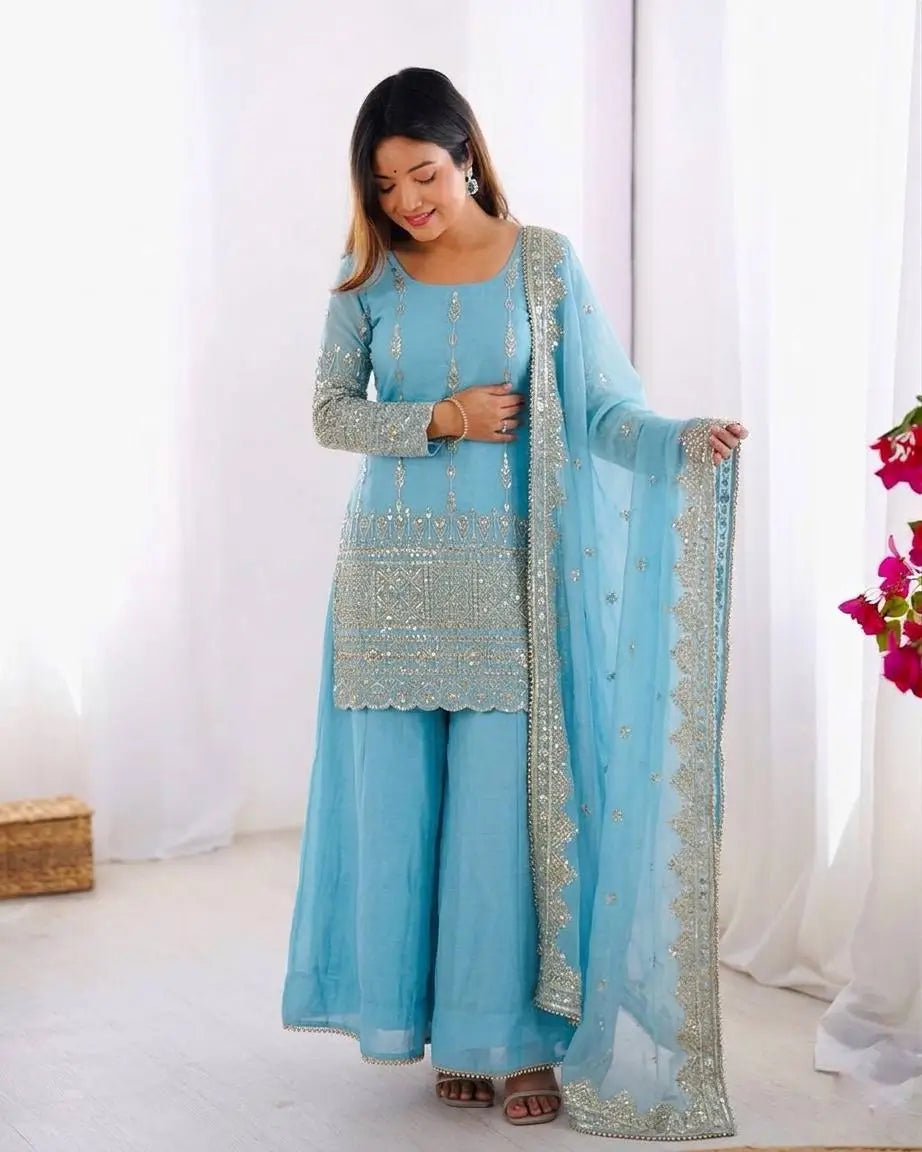 Sky Blue Pure Vichitra Silk Sharara Set with Heavy Embroidery Sequence Work and Dupatta