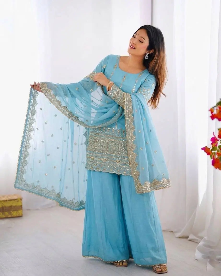 Sky Blue Pure Vichitra Silk Sharara Set with Heavy Embroidery Sequence Work and Dupatta