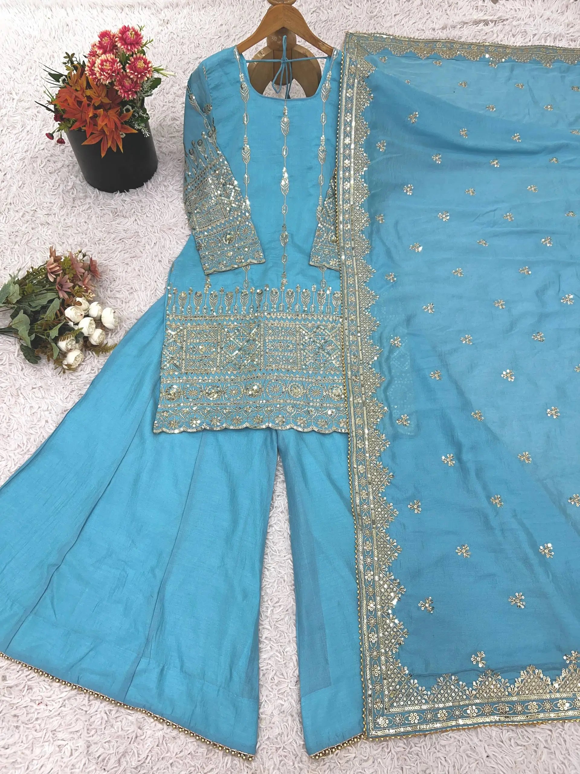 Sky Blue Pure Vichitra Silk Sharara Set with Heavy Embroidery Sequence Work and Dupatta
