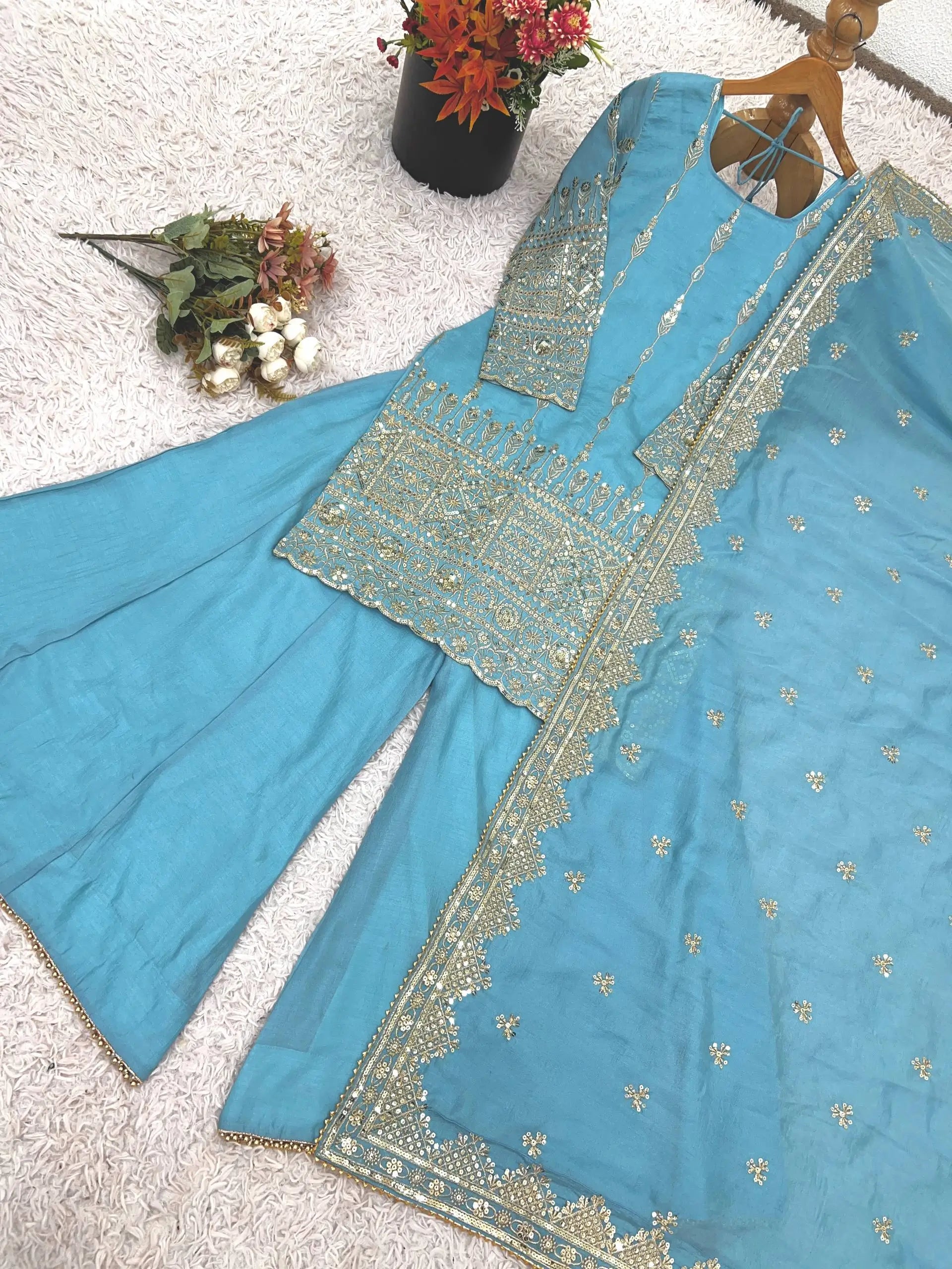 Sky Blue Pure Vichitra Silk Sharara Set with Heavy Embroidery Sequence Work and Dupatta