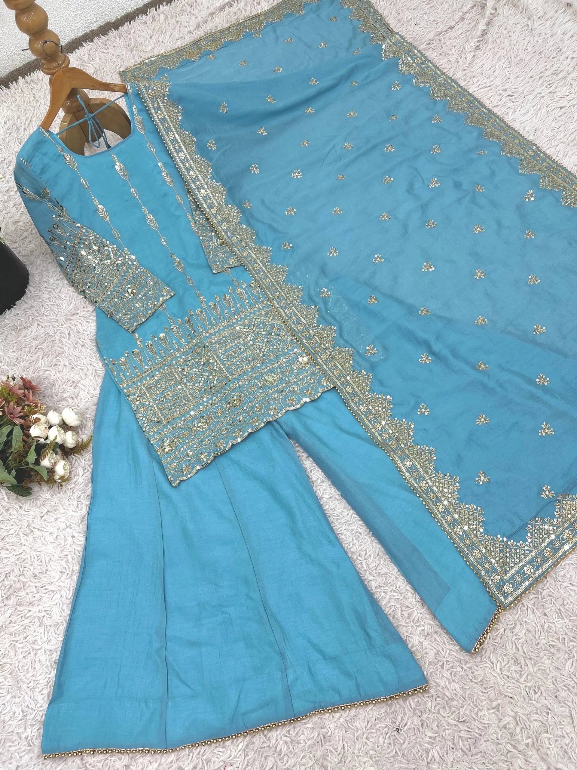 Sky Blue Pure Vichitra Silk Sharara Set with Heavy Embroidery Sequence Work and Dupatta