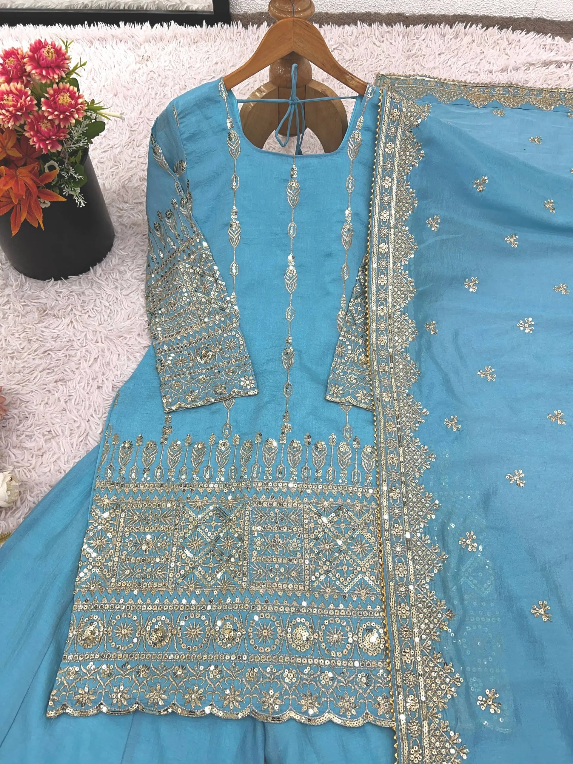 Sky Blue Pure Vichitra Silk Sharara Set with Heavy Embroidery Sequence Work and Dupatta