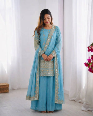 Sky Blue Pure Vichitra Silk Sharara Set with Heavy Embroidery Sequence Work and Dupatta