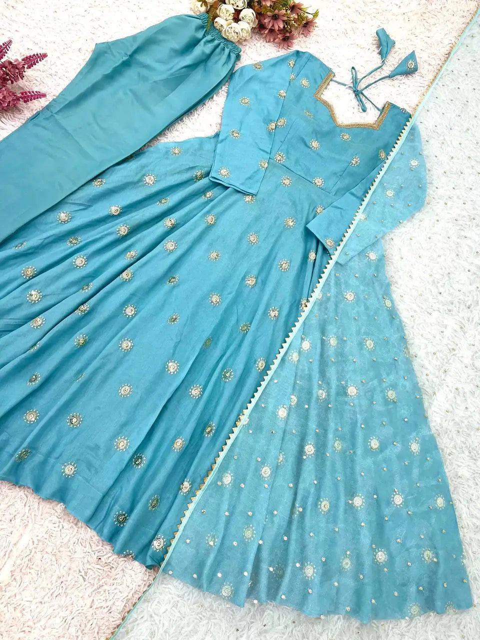Sky Blue Vichitra Silk Anarkali Set for Festive and Party Wear
