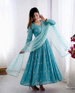 Sky Blue Vichitra Silk Anarkali Set for Festive and Party Wear