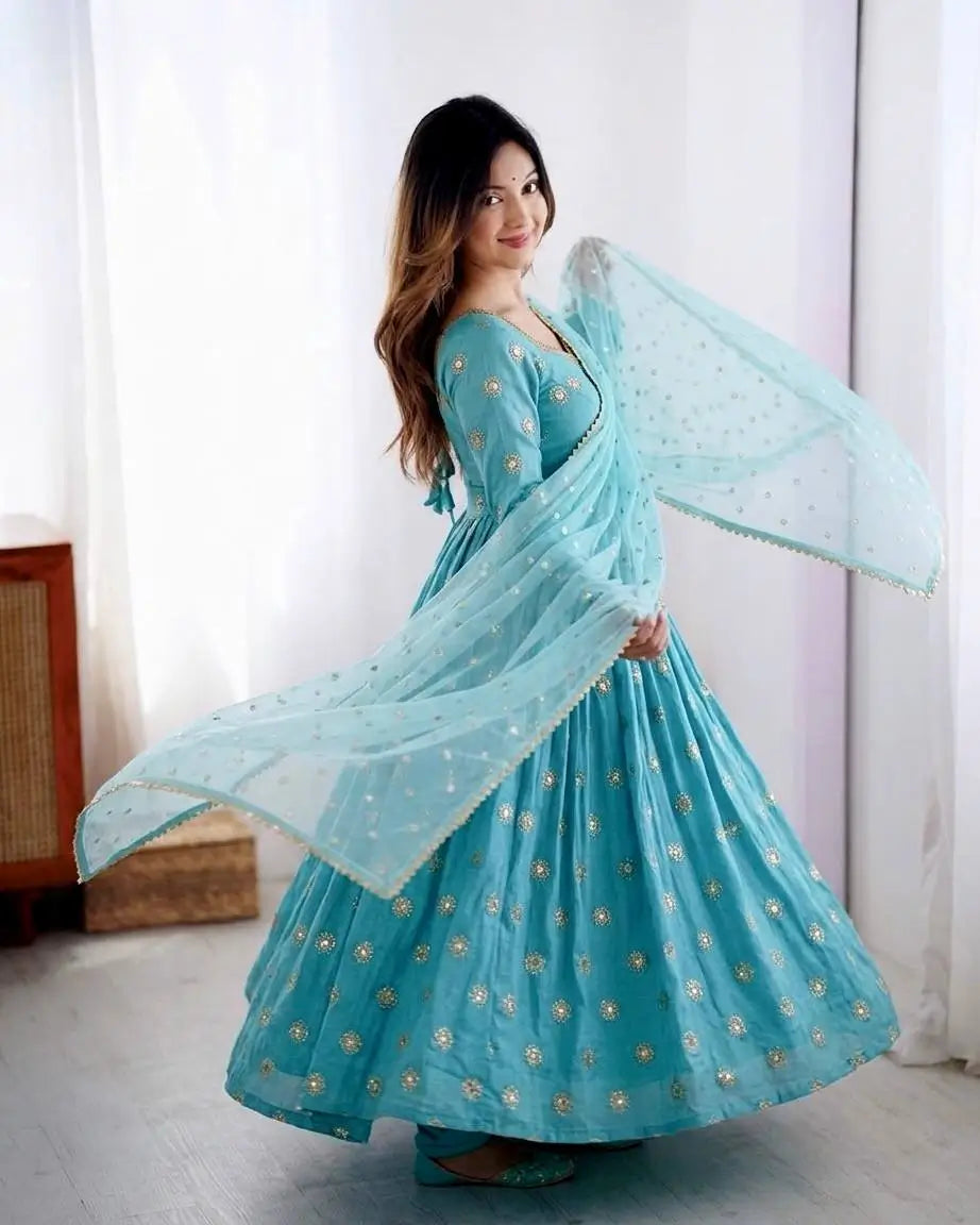 Sky Blue Vichitra Silk Anarkali Set for Festive and Party Wear