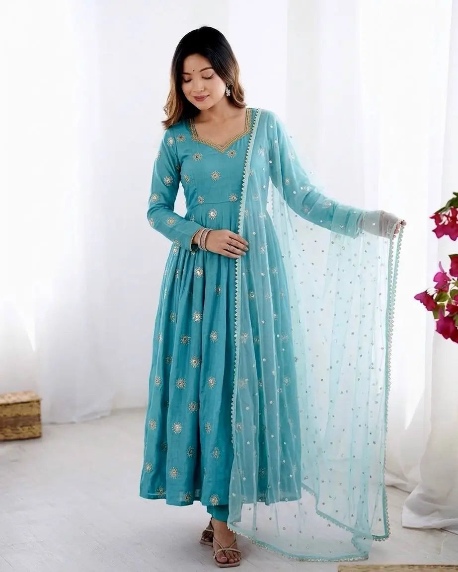 Sky Blue Vichitra Silk Anarkali Set for Festive and Party Wear