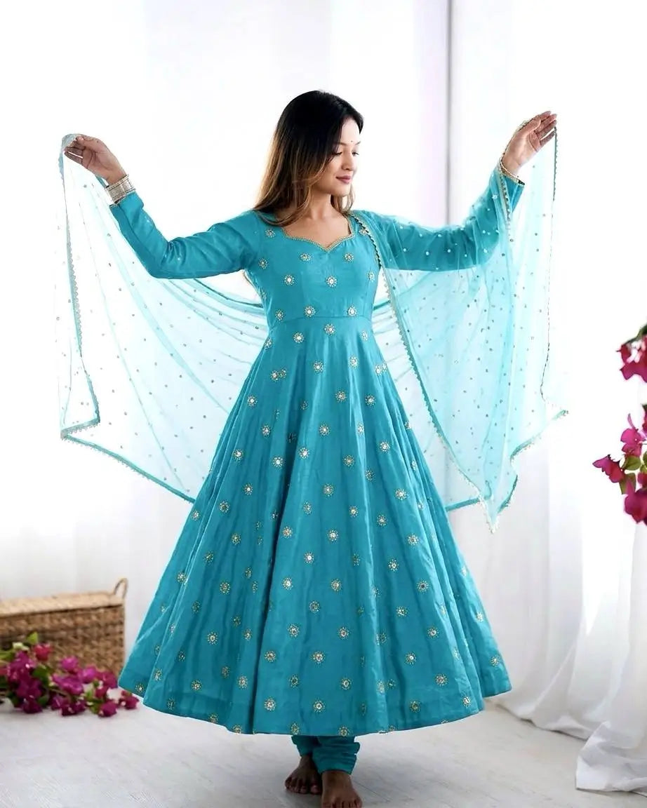 Sky Blue Vichitra Silk Anarkali Set for Festive and Party Wear