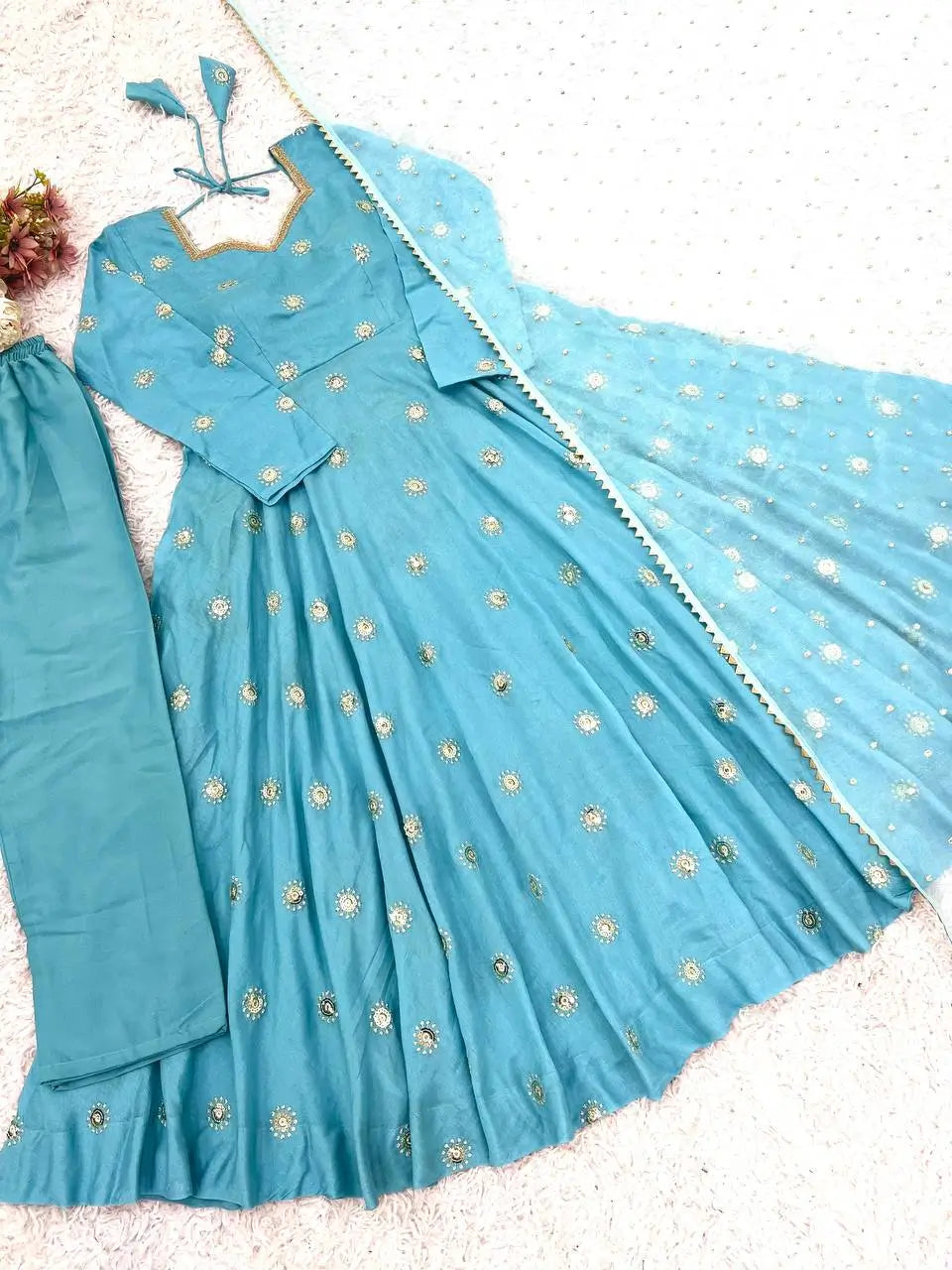Sky Blue Vichitra Silk Anarkali Set for Festive and Party Wear