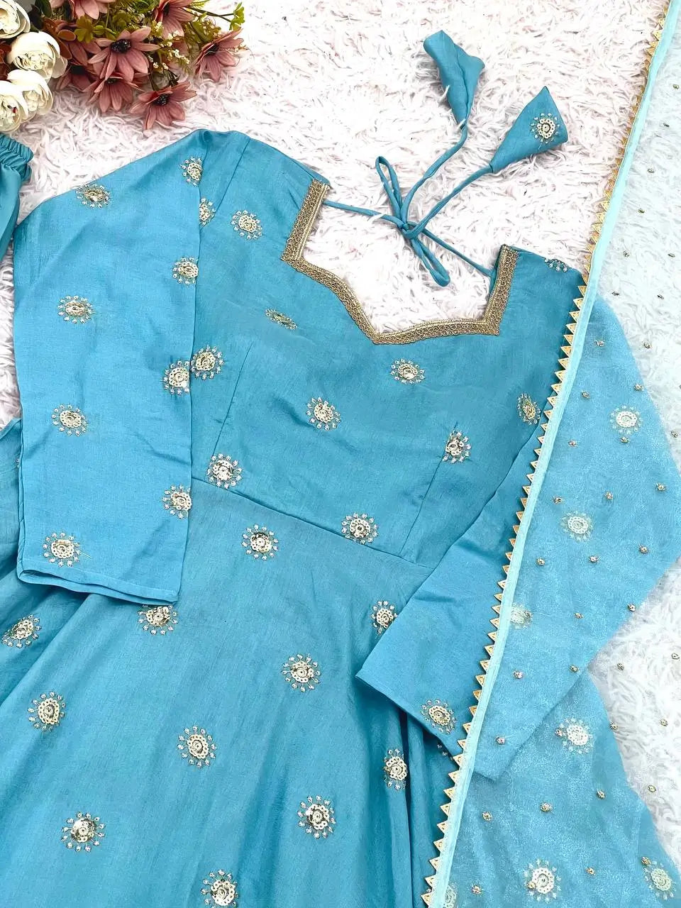 Sky Blue Vichitra Silk Anarkali Set for Festive and Party Wear