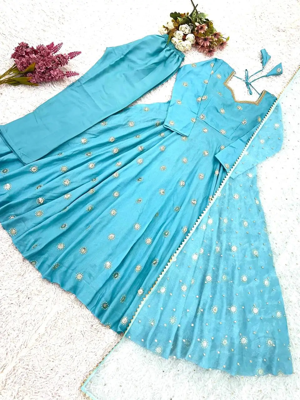 Sky Blue Vichitra Silk Anarkali Set for Festive and Party Wear
