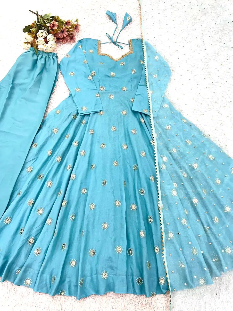 Sky Blue Vichitra Silk Anarkali Set for Festive and Party Wear