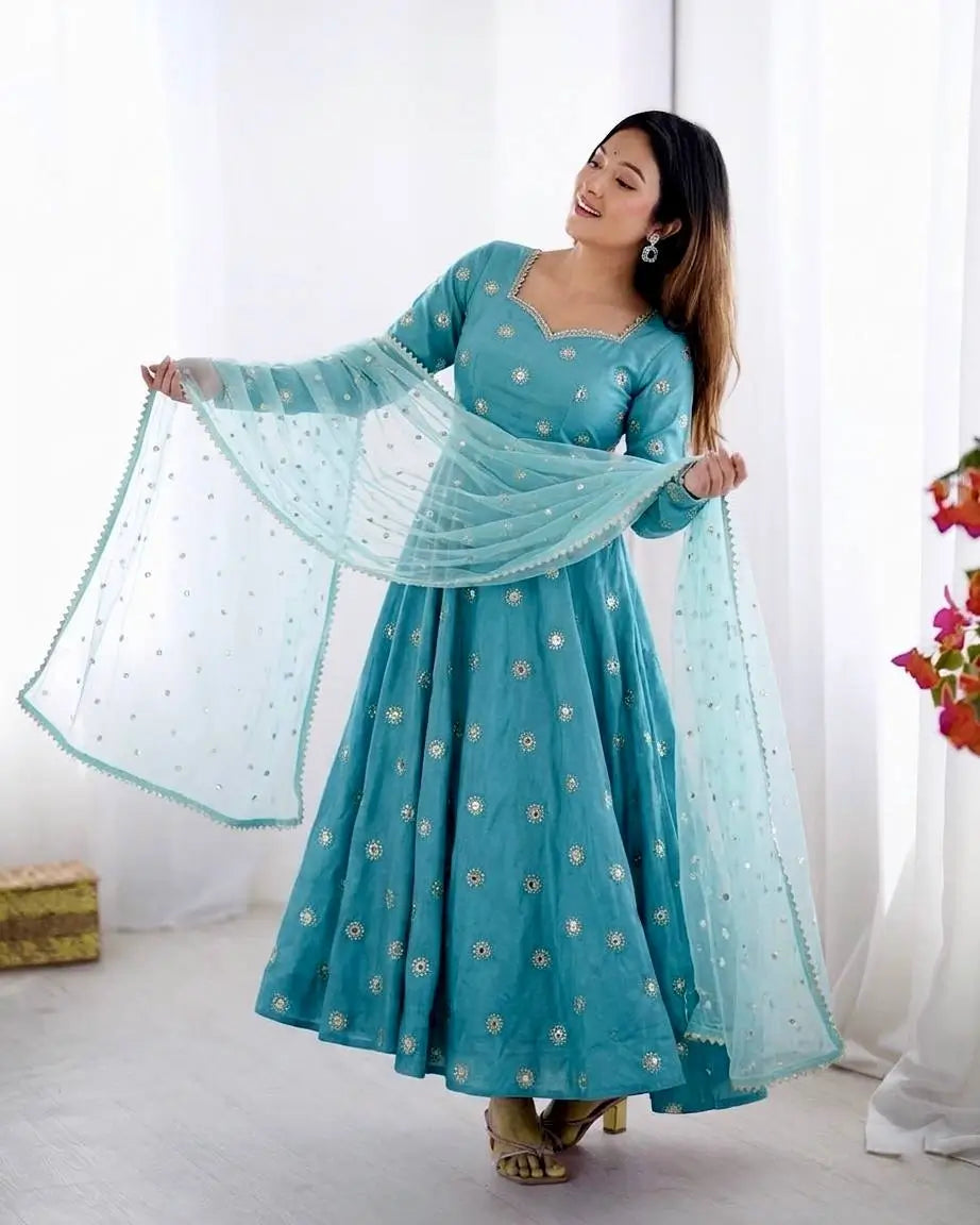 Sky Blue Vichitra Silk Anarkali Set for Festive and Party Wear