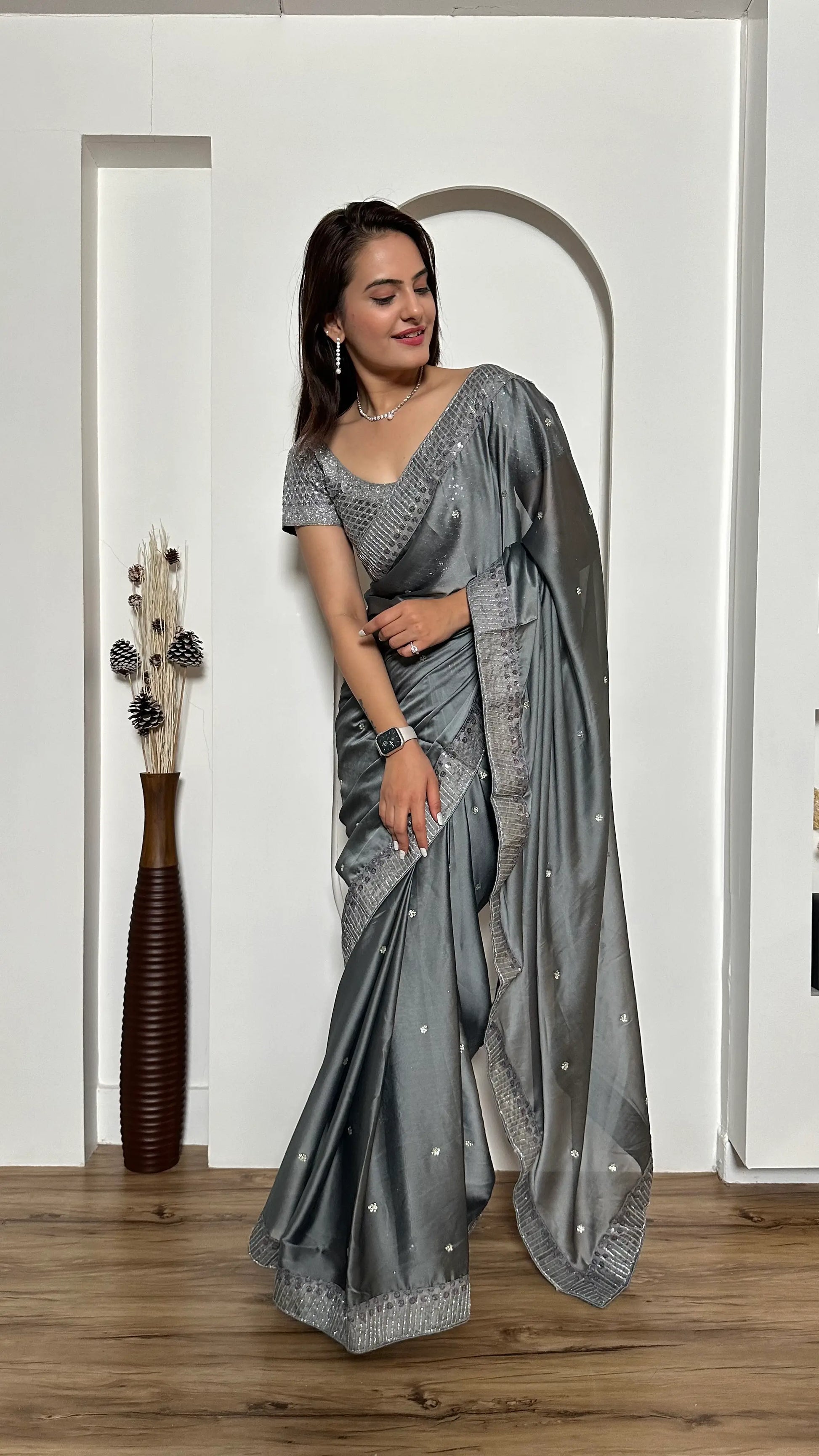 Slate Sequin Rangoli Silk Saree