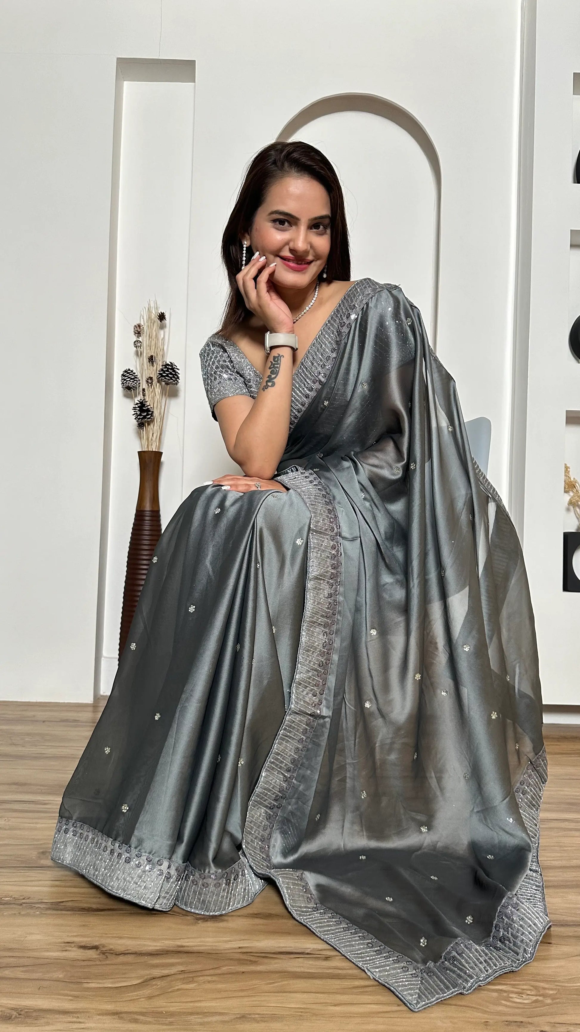 Slate Sequin Rangoli Silk Saree