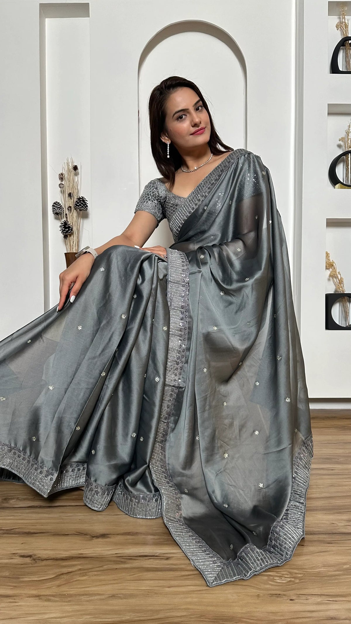 Slate Sequin Rangoli Silk Saree