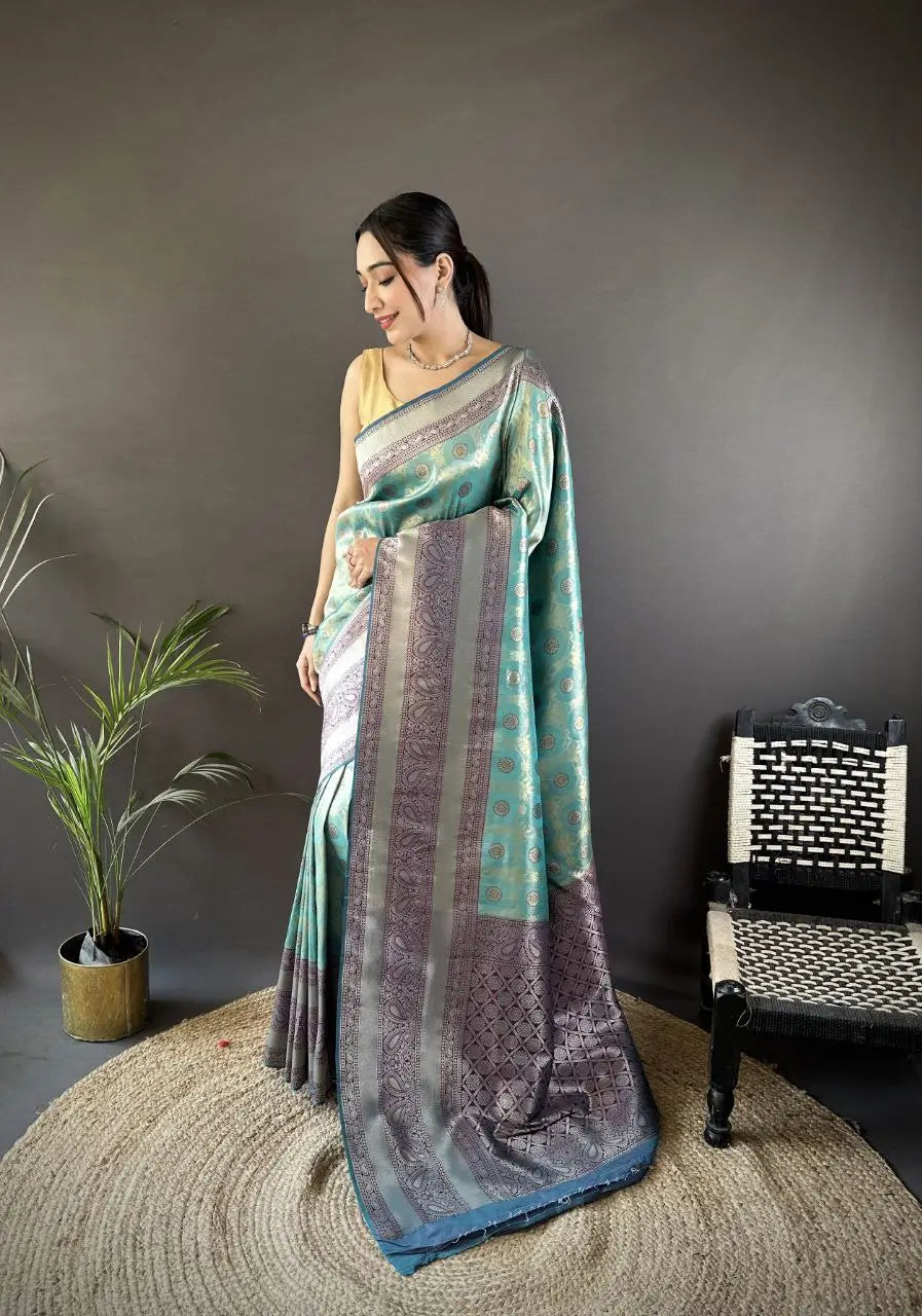 Soft Banarasi Silk Saree with Silver Zari Weaving and Rich Pallu