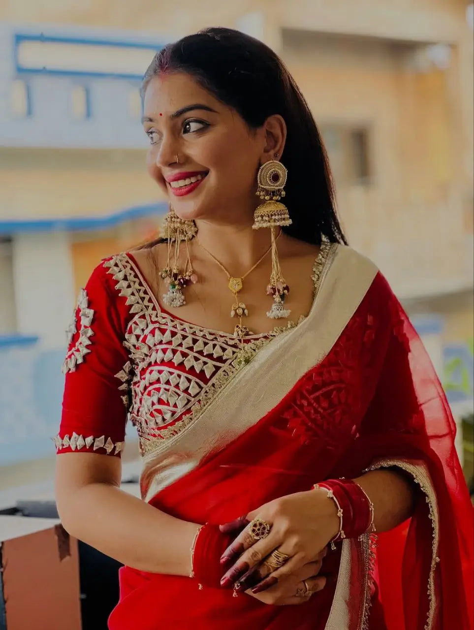 Soft Georgette Saree with Big Gotta Patta and Handwork Blouse